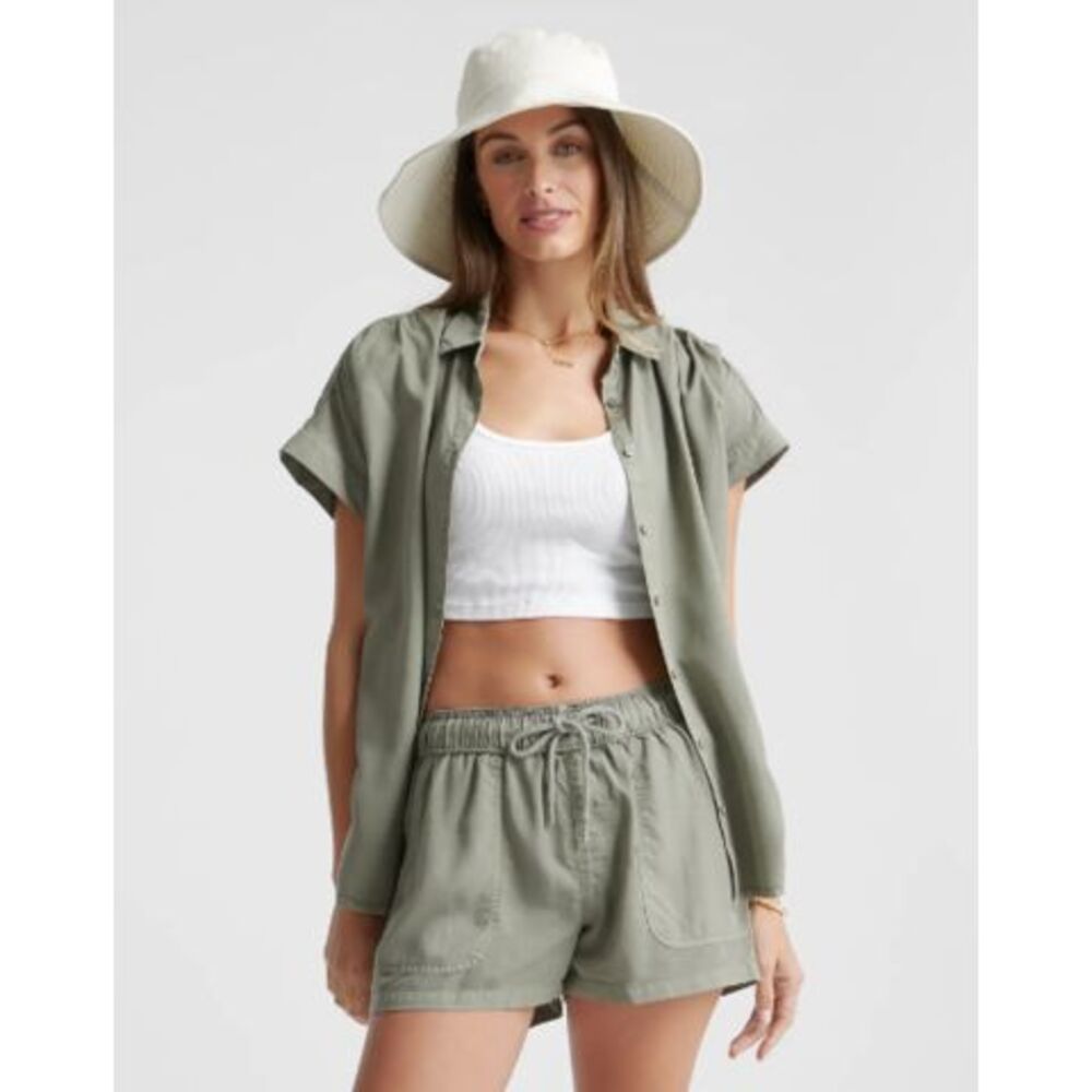 Quince Olive Green Button-Up Top